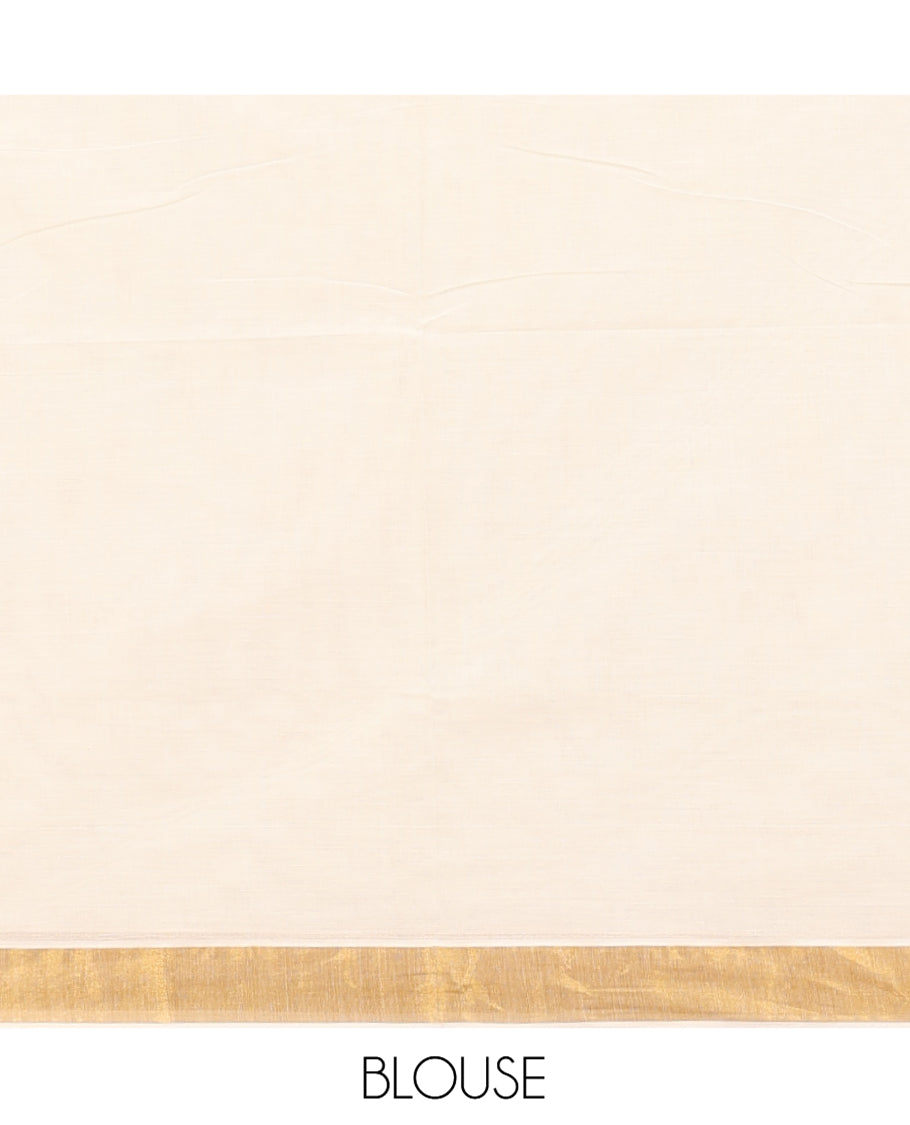 Cream Kerala Cotton Saree, Decorated with Zari Stripes All Over Its Body, a Subtle Bavanji Border, Pallu Features Chakram Designs, and Is Paired with a Matching Blouse