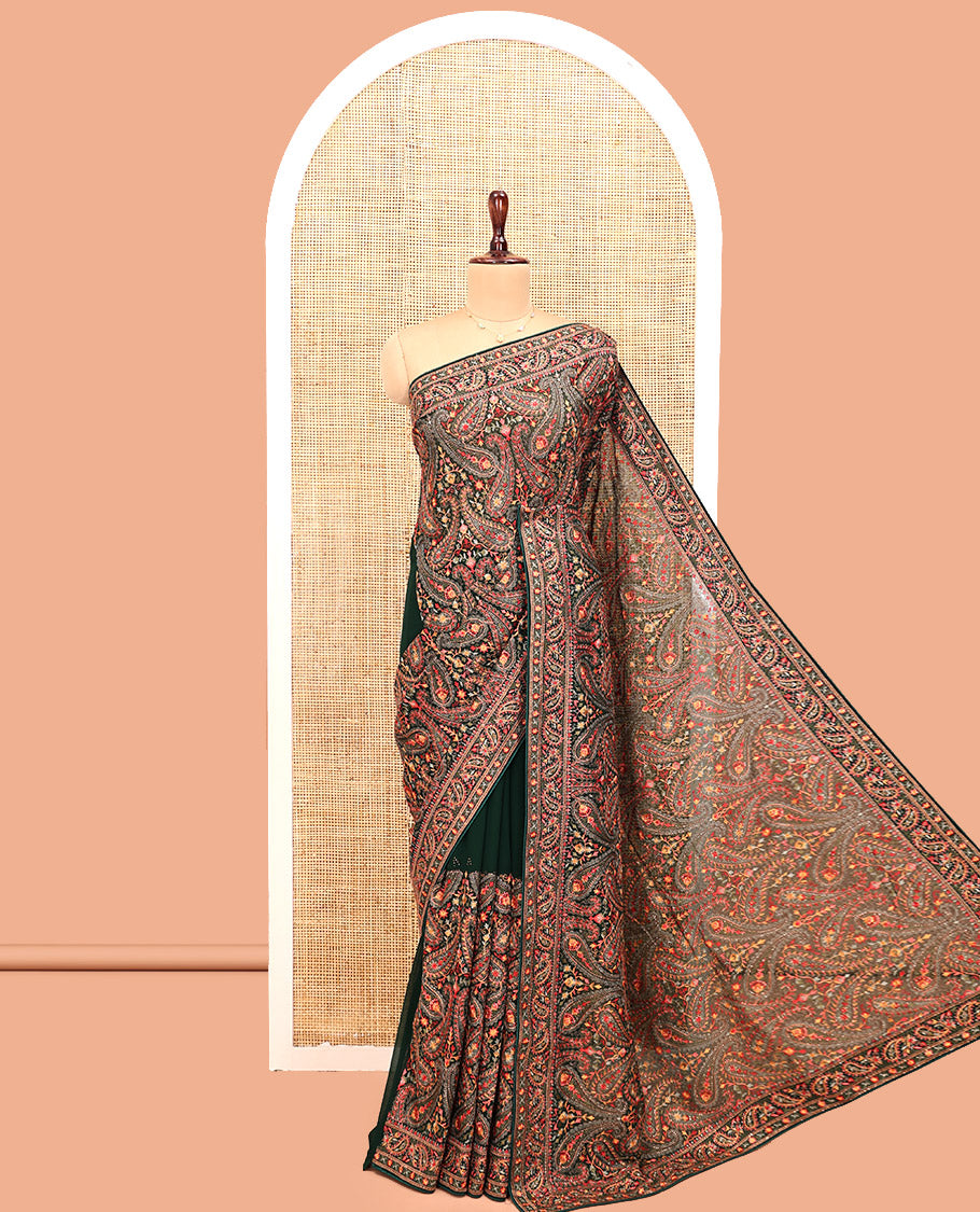 Green Designer Saree, Artfully Detailed with Paisley Embroidery, a Paisley Embroidered Border, and a Matching Blouse