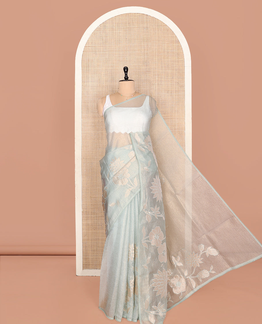 Pale Green Crushed Tissue Saree, Delicately Decked Up with Floral Motifs Embroidery, a Subtle Scallop Border, and Matching Blouse