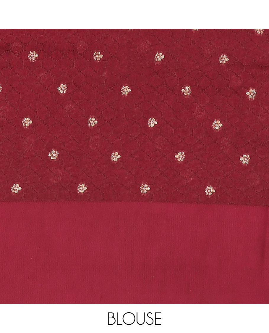 Maroon floral buttas dola silk saree with self floral design border & intricate zari design pallu