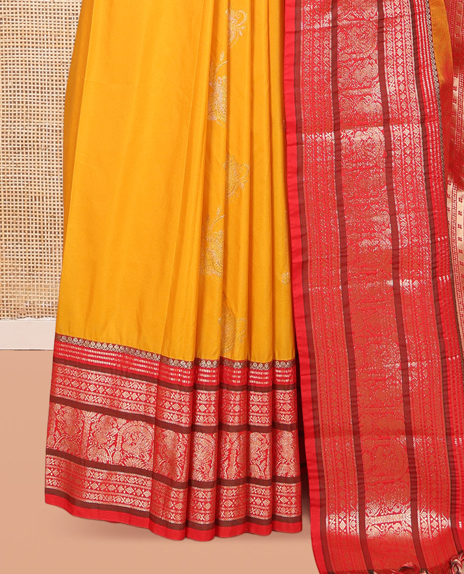 Mustard-Pink Zari Design Budget Silk Saree, a Contrast Traditional Zari Design Big Border, Grand Pallu, Contrast Blouse