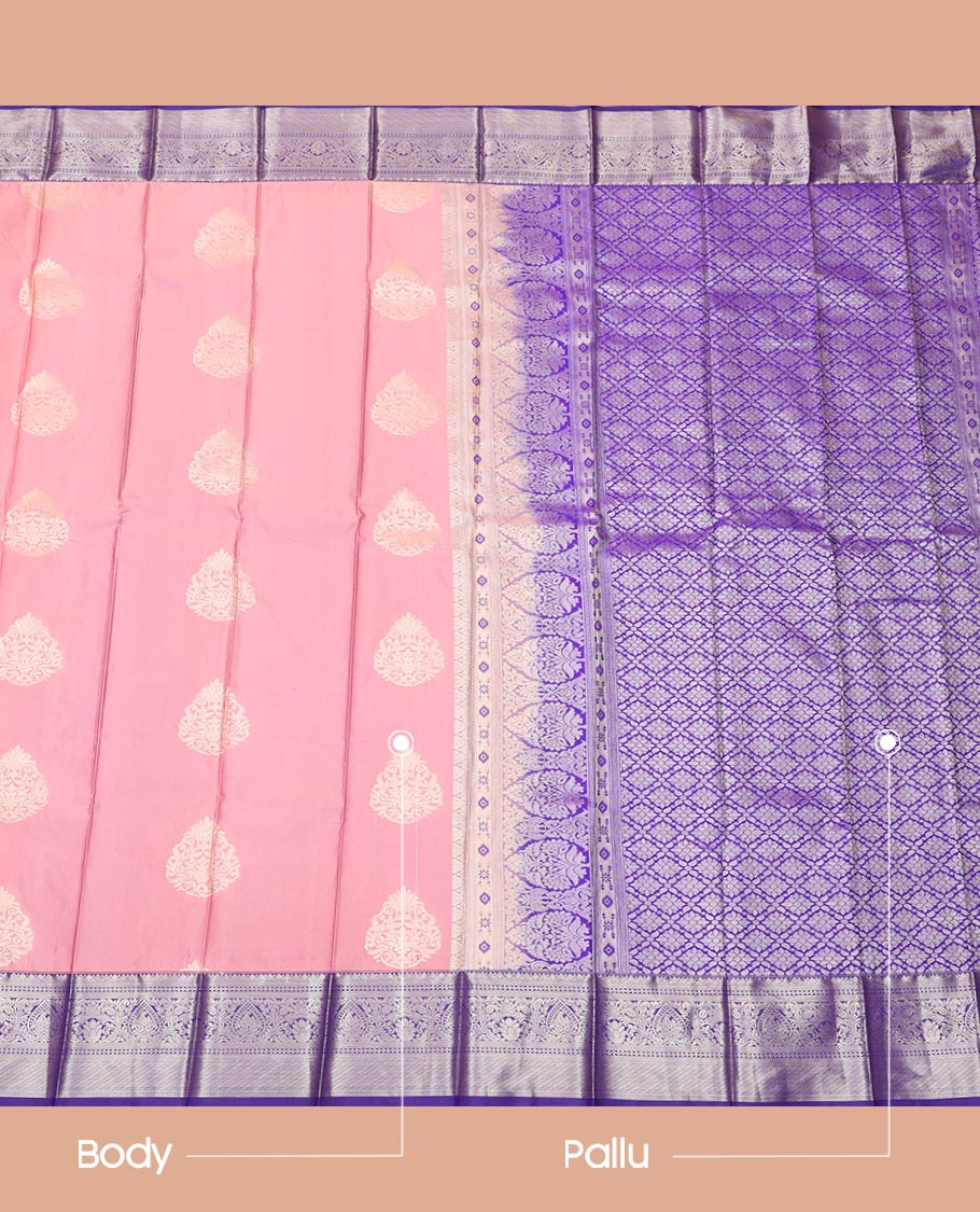 Pink Budget Silk Saree, Adorned with Zari Buttas All Over Its Body, Complemented by a Contrast Traditional Zari Design Border, Grand Jaal Pallu, and Paired with a Contrast Blouse