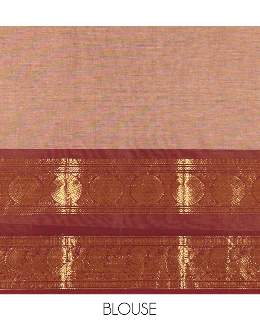 Brown Plain Chettinad Cotton Saree, Complemented by a Contrast Peacock-Chakram Rettai Pettu Border, and a Matching Blouse