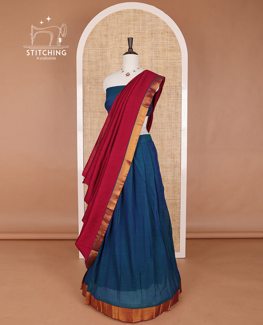 Blue mercerised cotton daman zari border half saree with cotton blouse & georgette one side zari border