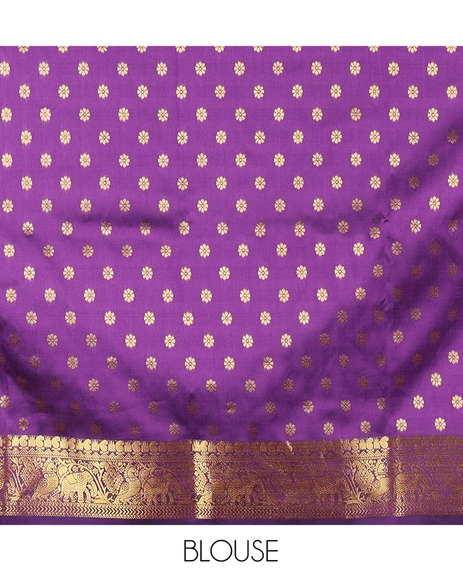 Purple Art Silk Saree Features Chakra Buttas, a Zari Elephant-Peacock Border, Grand Pallu, Matching Blouse