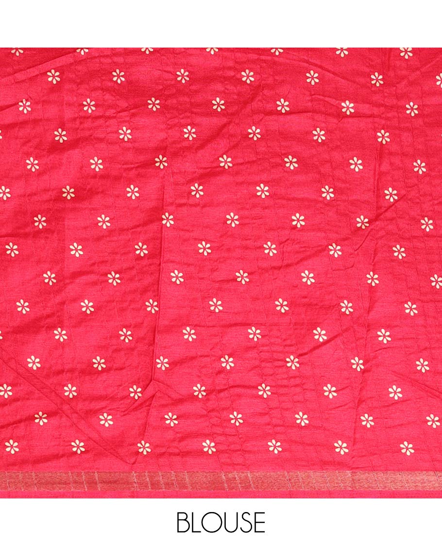Rani pink batik-style triangle motifs printed dola silk saree, batik temple motif printed piping zari border & batik geometric printed pallu