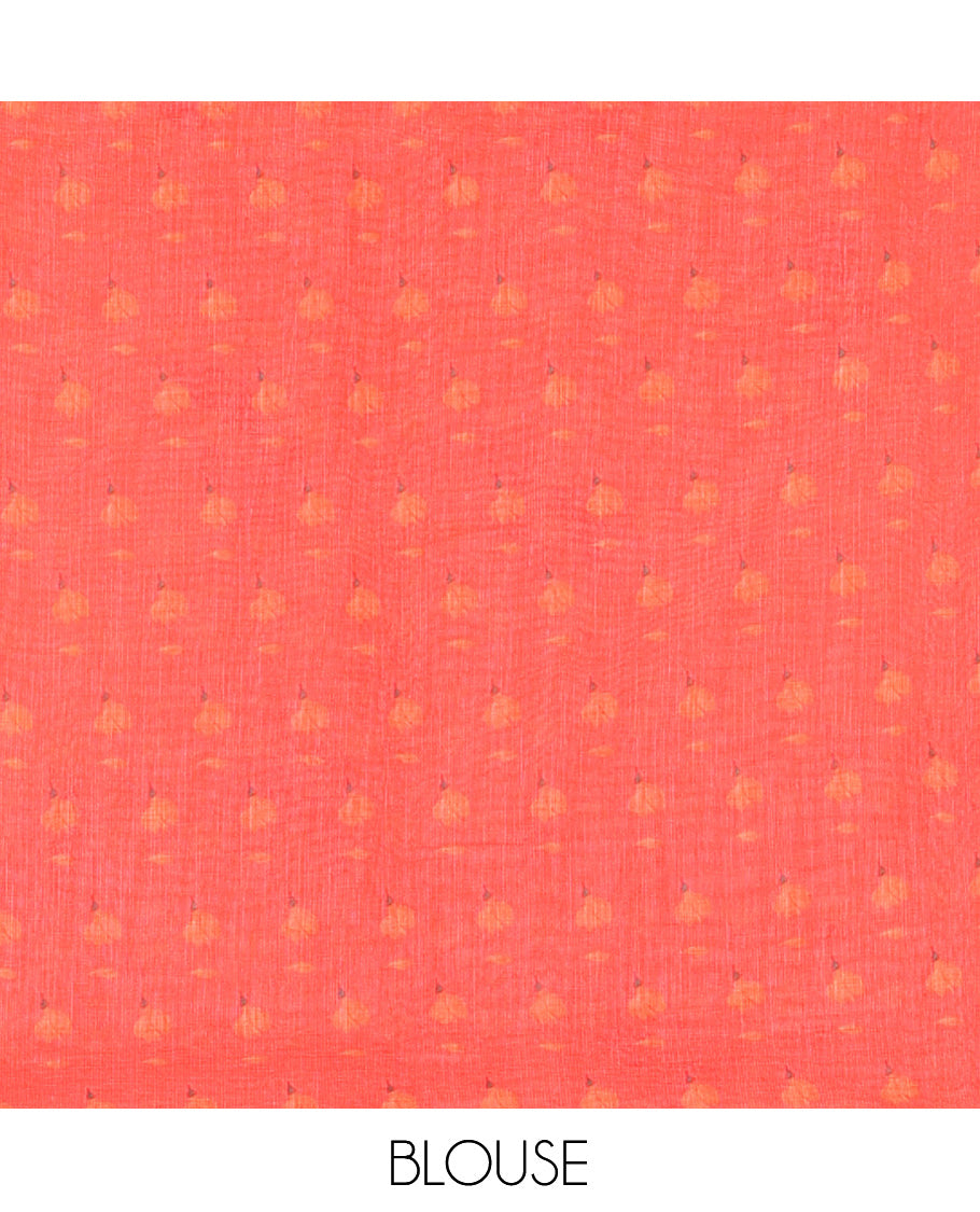 Borderless Orange Floral Motif Printed Linen Cotton Saree Comes with a Contrast Printed Blouse