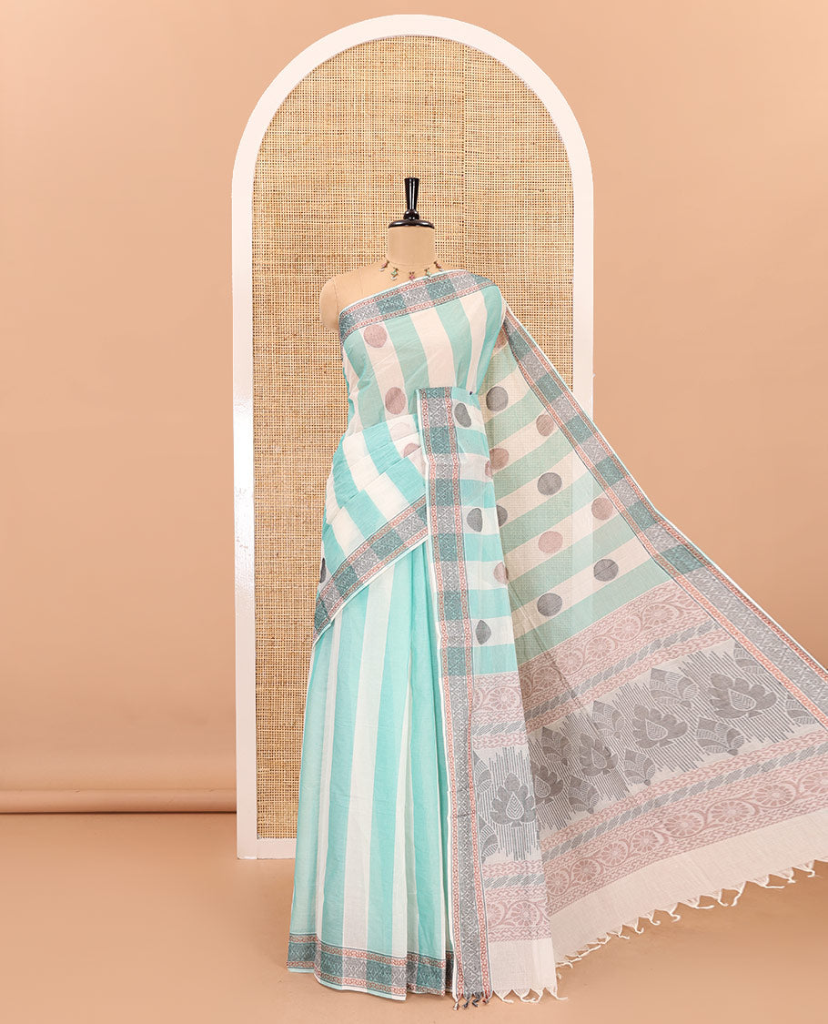 Sea green striped and polka thread dotted woven nagama cotton saree , traditional thread border, pallu of floral and leaf design, and plain blouse