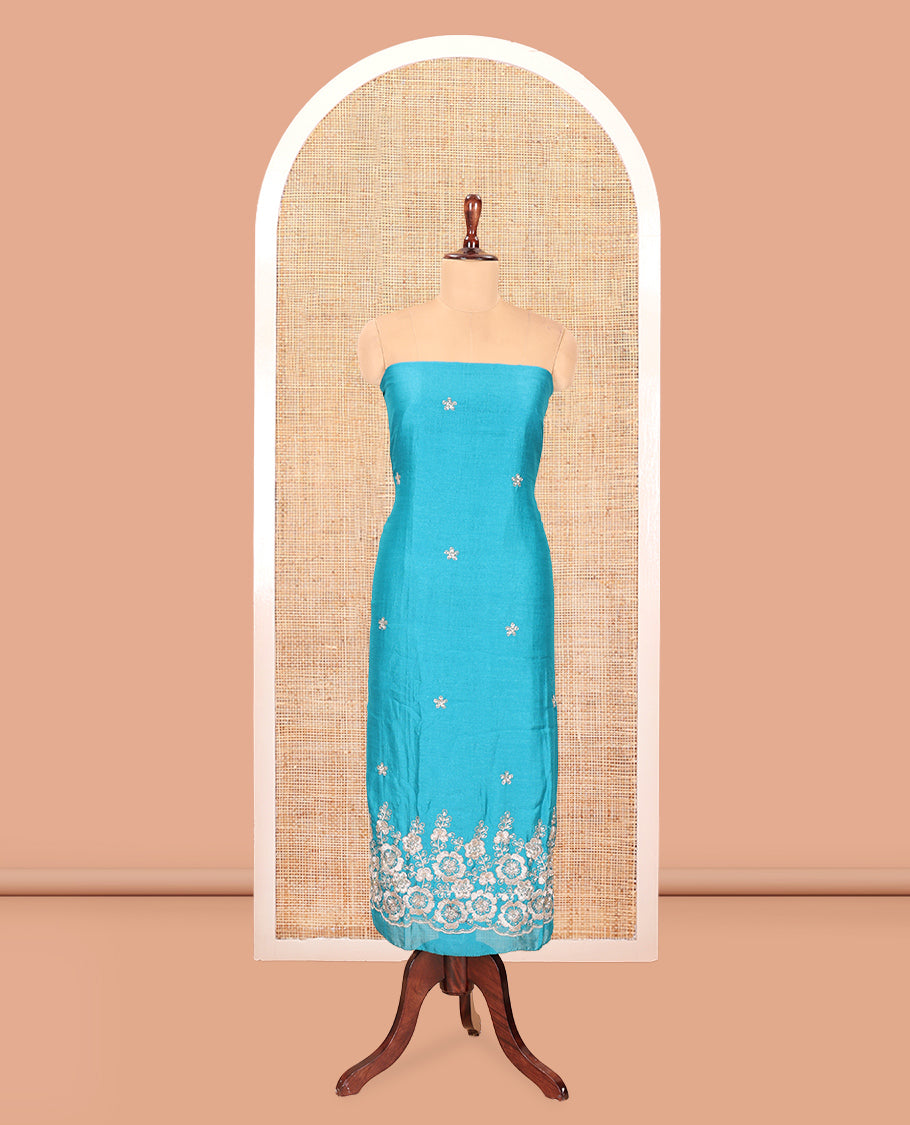 Rama Blue Semi-Silk Material Churidar Features a Floral Embroidered Top, a Matching Bottom, Embroidered Dupatta