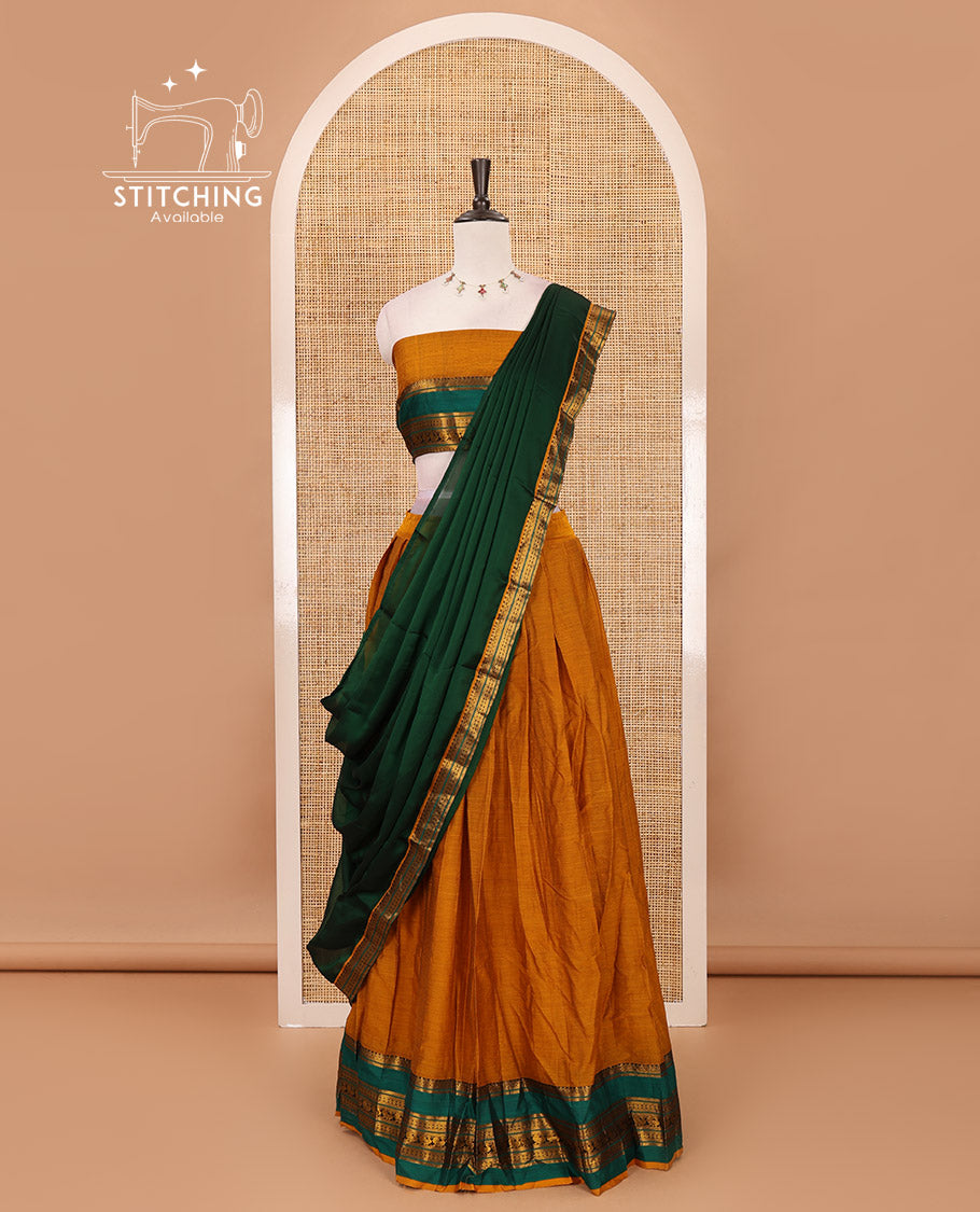 Mustard-green Mercerised cotton half-saree, plain & contrast rettai pettu traditional border skirt, matching blouse & zari border syska georgette dhavani