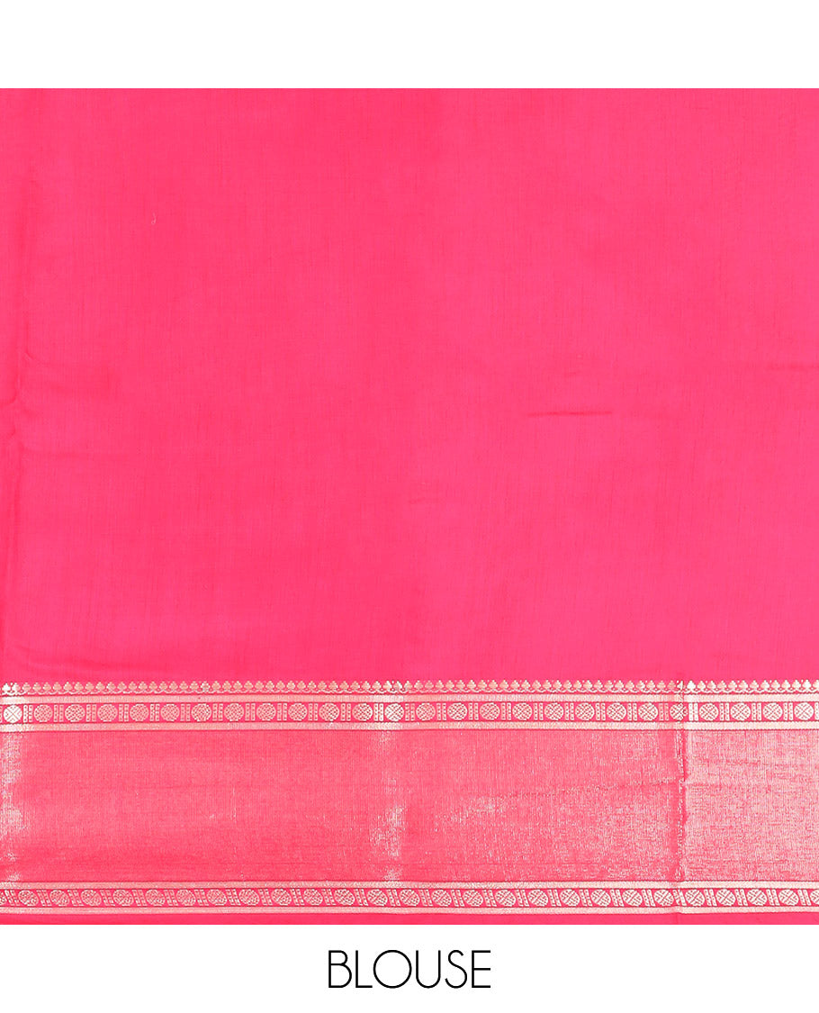Light Brown Plain Assam Silk Saree, Complemented by a Contrast Traditional Zari Design Border of Rudraksha Motifs, a Gleaming Pallu of Zari Stripes, and Paired with a Contrast Blouse