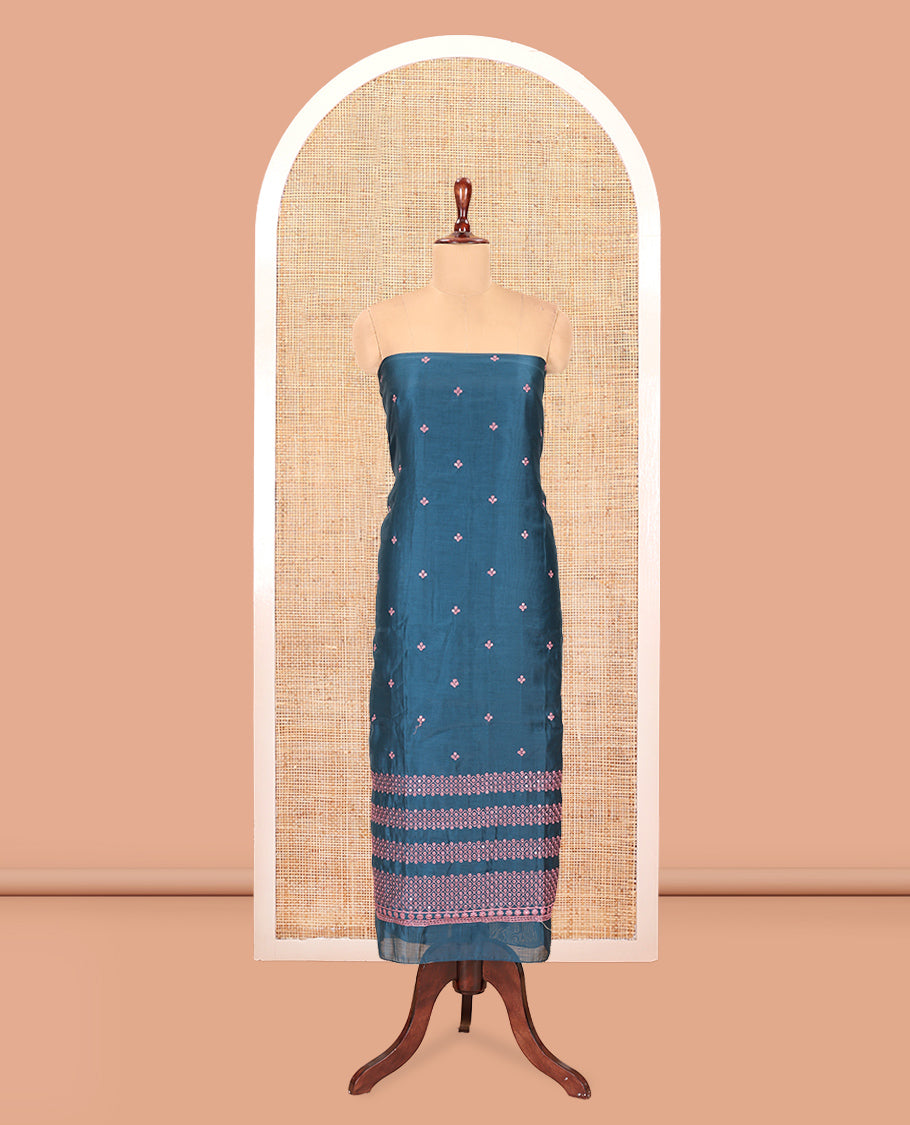 Peacock Blue Semi-Silk Material Churidar Thread-Sequins Embroidered Top, a Plain Bottom, a Embroidered Dupatta