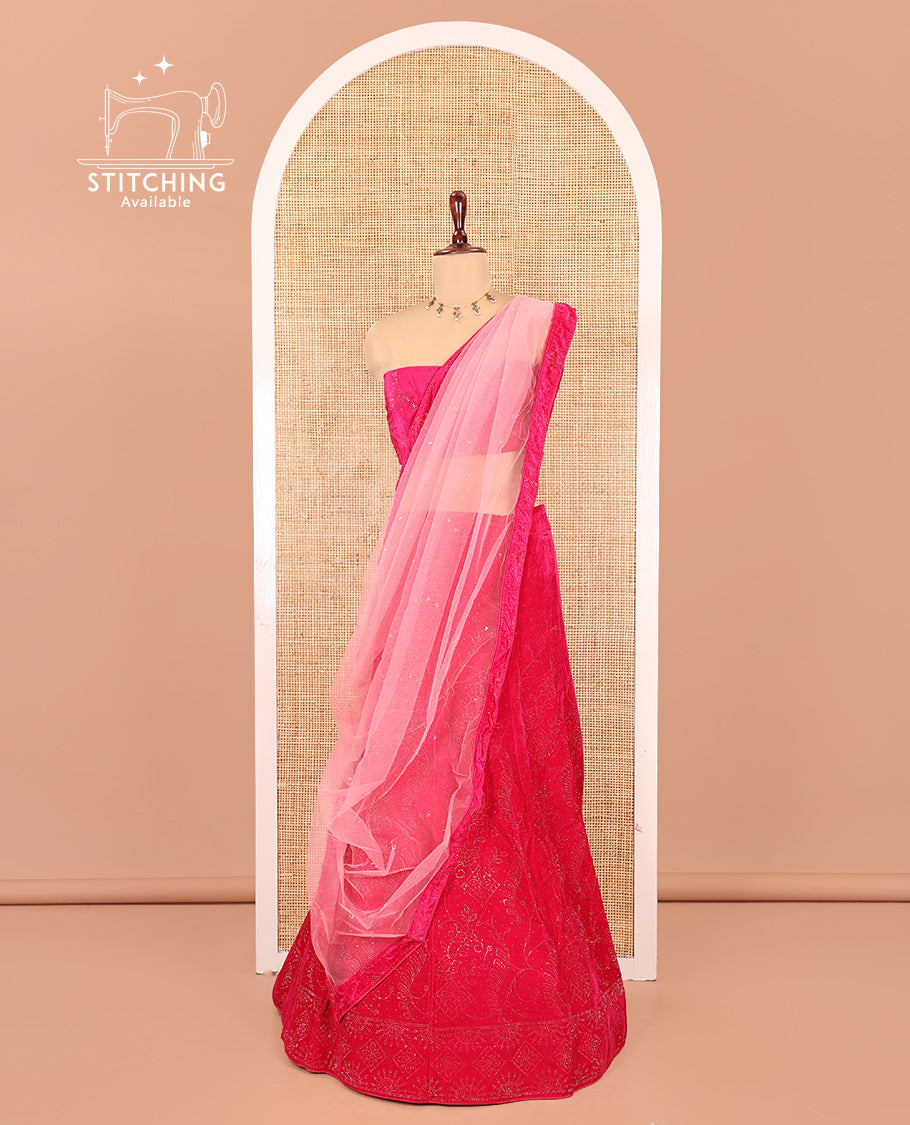 Pink Velvet Half-Saree Features Swarovski Stonework Skirt, Matching Stonework Blouse, Contrast Net Dhavani