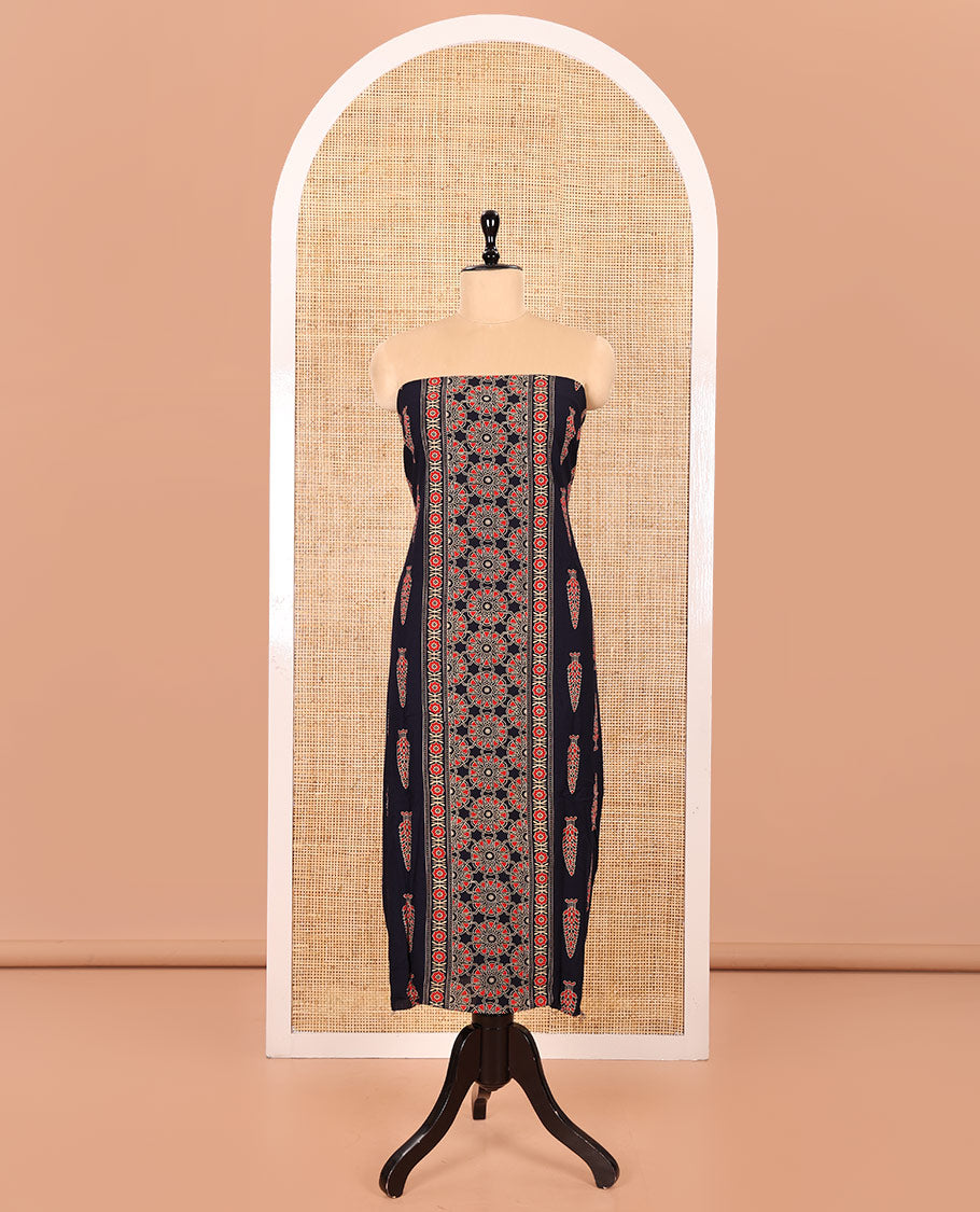 Navy Blue Rayon Material Chudidhar Set, Decked Up with Ajrakh-Style Floral Printed Top, Elegantly Printed Bottom, and Rayon Dupatta of Ajrakh-Style Floral and Tree Motifs Print
