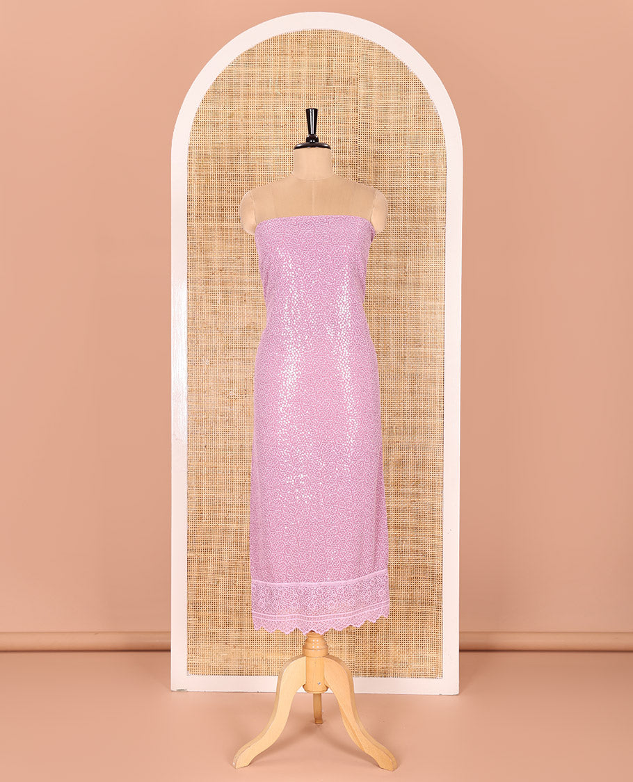 Lavender Material Chudidar Set Features Sequin Embroidered Georgette Top, a Plain American Crepe Bottom, and a Scallop Dupatta Embellished with Floral Vine Embroidery