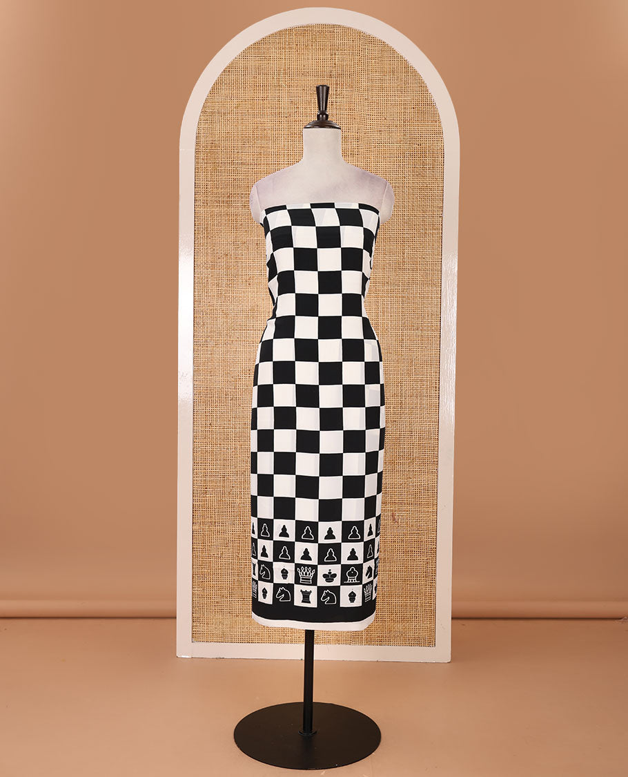 Black & white material chudidar set, chess-board & characters printed crepe top, plain santoon bottom & chess coins printed georgette dupatta