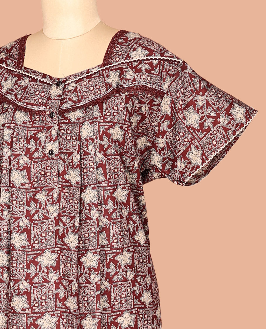 Maroon Geometric Cotton-Blended Nighty