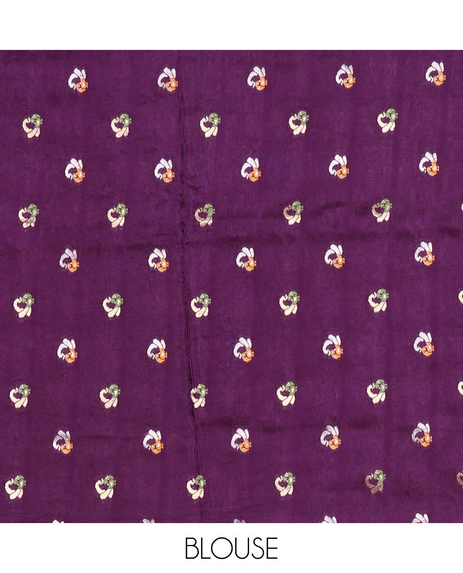 Rani Russian Silk Saree Adorned with Gold Zari Buttas and Deer Motifs, Featuring a Subtly Sparkling Traditional Zari Border, a Pallu with Zari Stripes, and a Contrast Blouse Woven with Peacock Meena Buttas