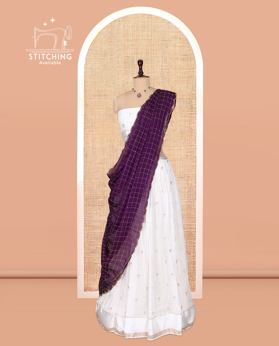 Cream-Dark Purple Viscose Georgette Half-Saree, Buttas Skirt, Matching Blouse, Contrast Checked Dhavani