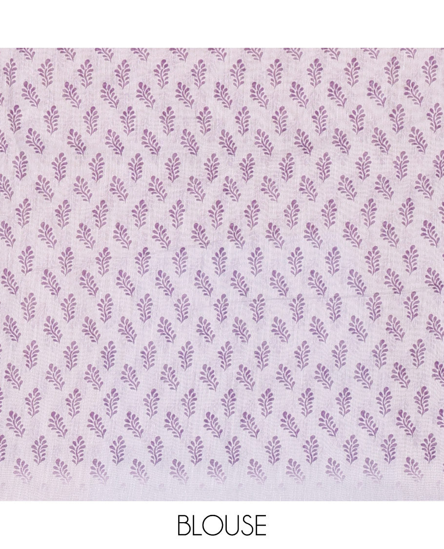 Violet bamboo motifs printed chanderi cotton saree, contrast plain border, bamboo motifs printed pallu, and a contrast unique motifs printed blouse