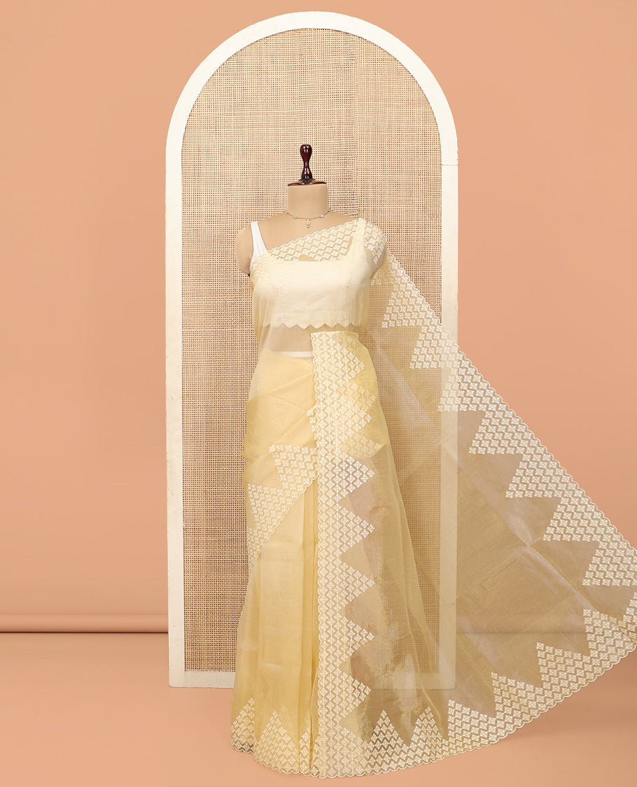 Yellow Plain Organza Saree, a Subtle Scallop-Embroidered Border, and Matching Blouse
