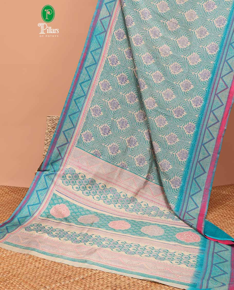 Chiku color discharge print crackle silk saree with contrast border & self plain blouse