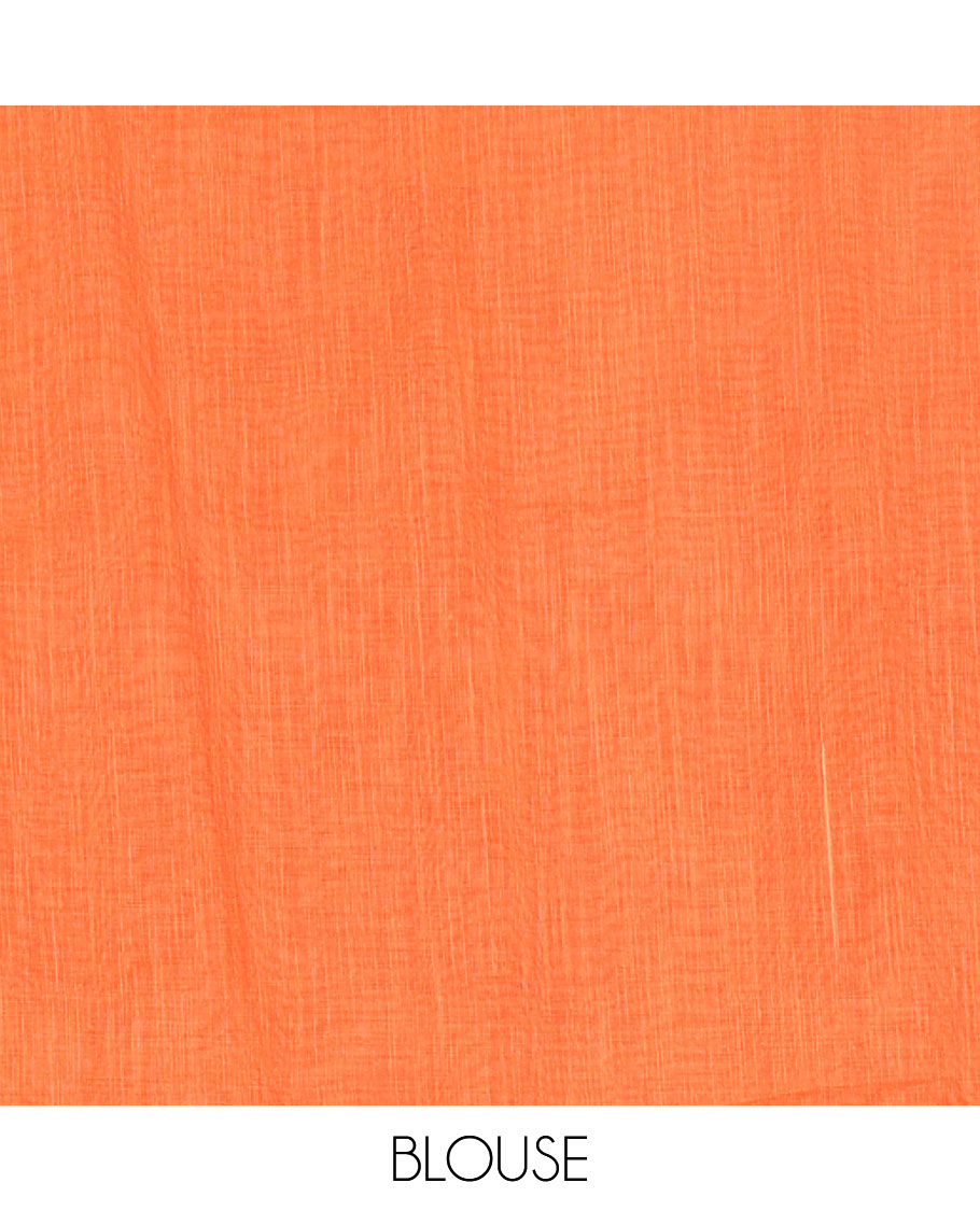 Orange floral motifs printed linen cotton saree with contrast kalamkari floral vine printed border, floral vine printed pallu, and a plain blouse