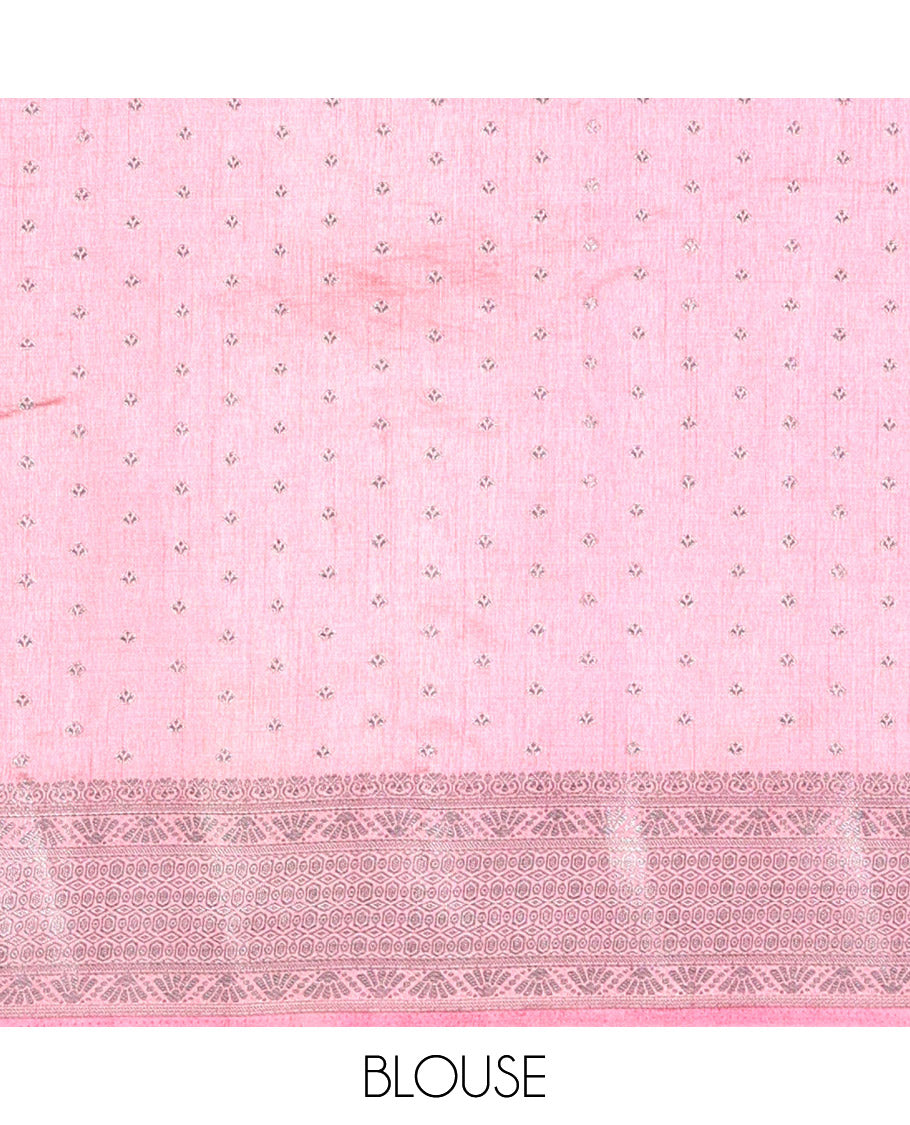 Light Pink Semi Tussar Saree Adorned with Zari Buttas All Over the Body, a Hazily Woven Border of Traditional Designs, Pallu Steeped with Zari Buttas and Zari Stripes, and Paired with a Matching Blouse