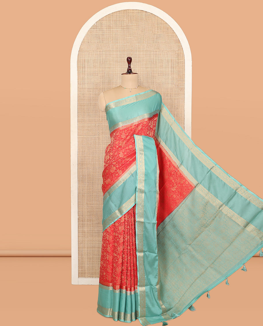 Red Fancy Crepe Saree, Adorned with Floral Vine and Peacock Design, Complemented by a Contrast Traditional Zari Design Border, Sparsely Woven Pallu, and Contrast Blouse