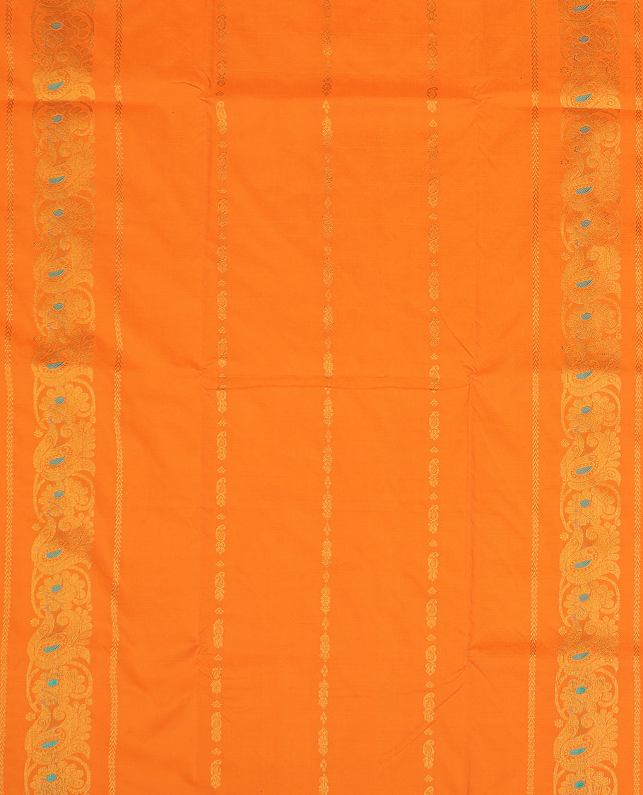 Orange Art Silk Pavadai Material Set, Woven with Zari Designs on Its Skirt, Complemented by a Contrast Traditional Zari Border, and a Matching Blouse