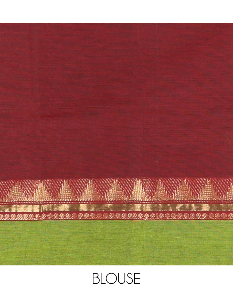 Brown Plain Chettinad Cotton Saree, a Contrast Temple Traditional Kal Eragina Border, Striped Pallu, a Matching Blouse