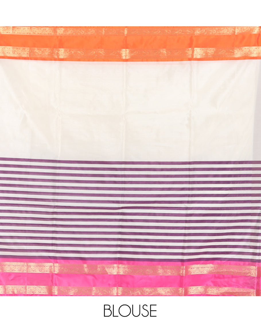 Cream Half-And-Half Semi-Katan Silk Saree Features Stripes, Contrast Ganga-Jamuna Border, Matching Blouse