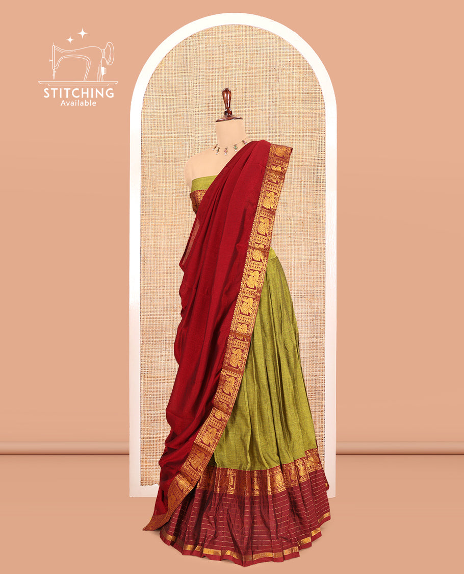 Mehendi-Maroon Mercerised Cotton Half-Saree, Contrast Annam Bordered Skirt,Matching Blouse,Contrast Dhavani