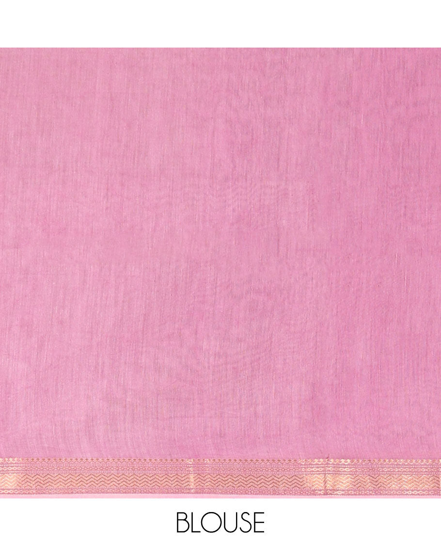 Pink heart motifs chanderi cotton saree with self zari border & striped zari pallu