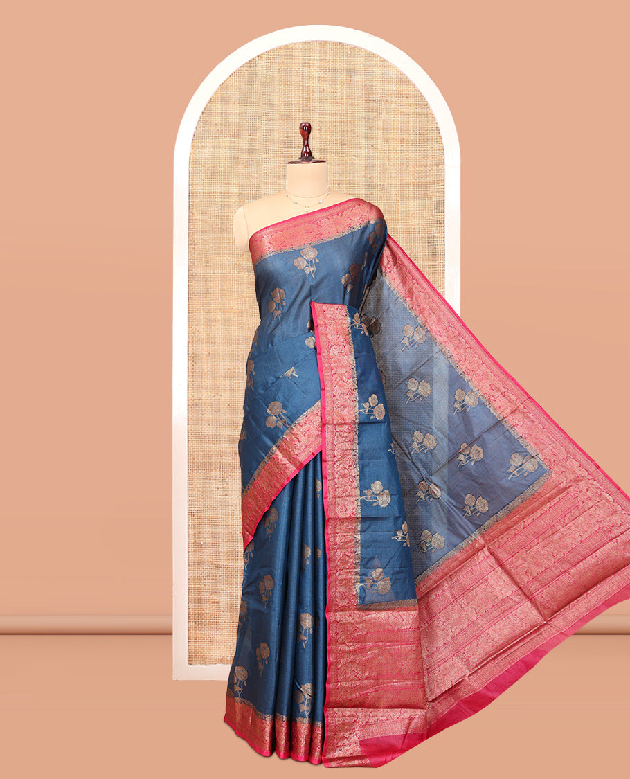 Blue Tussar Silk Saree, Woven with Floral Buttas, a Contrast Floral Zari Design Border, Intricate Pallu, and a Contrast Blouse