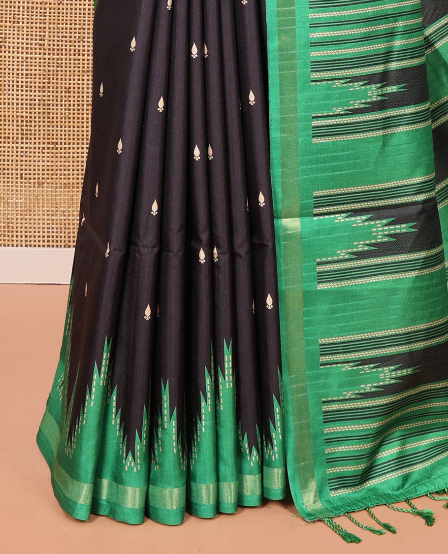 Black Kathan Silk Saree Adorned with Buttas, Contrast Temple Border, Temple pallu, and Striped Blouse