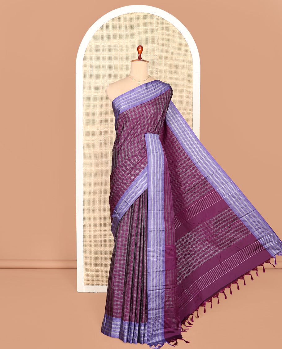 Purple Aarani Silk Saree, Woven with Checked Design on Its Body, Complemented by a Contrast Striped Border, Pallu of Checked Design, and Paired with a Matching Blouse