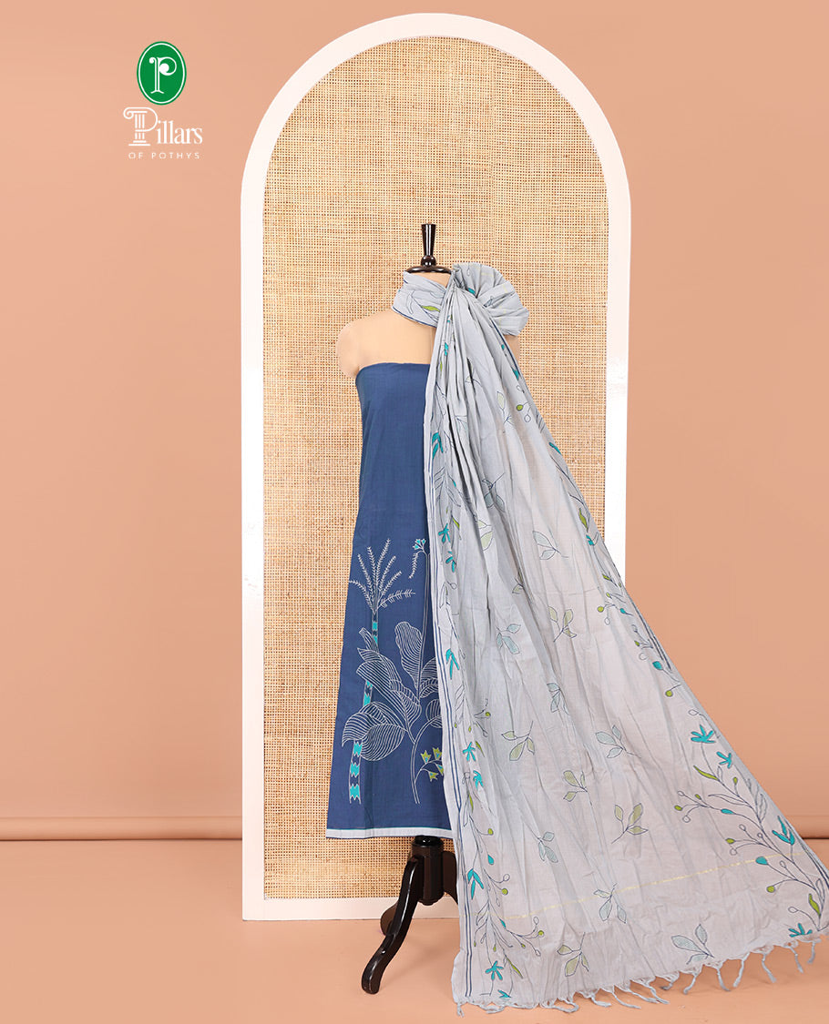 Blue Handloom Cotton Material Chudidar Set, Adorned with Floral Design Print On Its Top, Complemented by Contrast Bottom, and Paired with a Contrast Floral Printed Dupatta