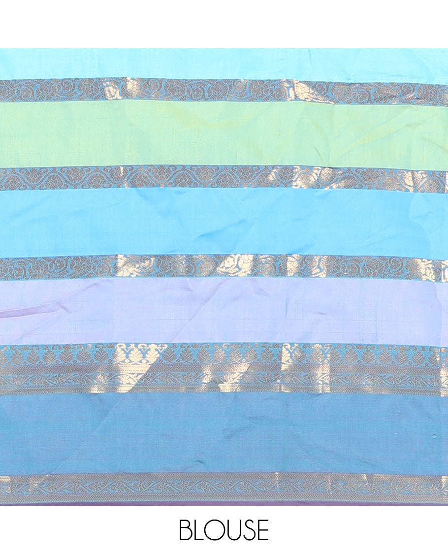 Multi Color Semi-Soft Silk Saree, Richly Detailed with Multi-color Stripes and Traditional Zari Designs On Its Body, Complemented by Contrast Rettai Pettu Traditional Zari Designs Woven Border, Grand Pallu and Paired with a Contrast Blouse