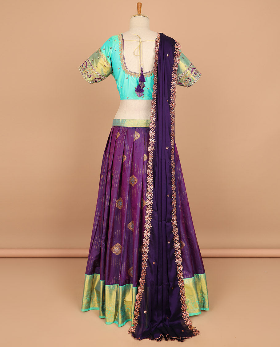 Purple geometric design art silk half saree with contrast zari design border, floral stone embroidery blouse & plain, floral embroidered scallop border dhavani