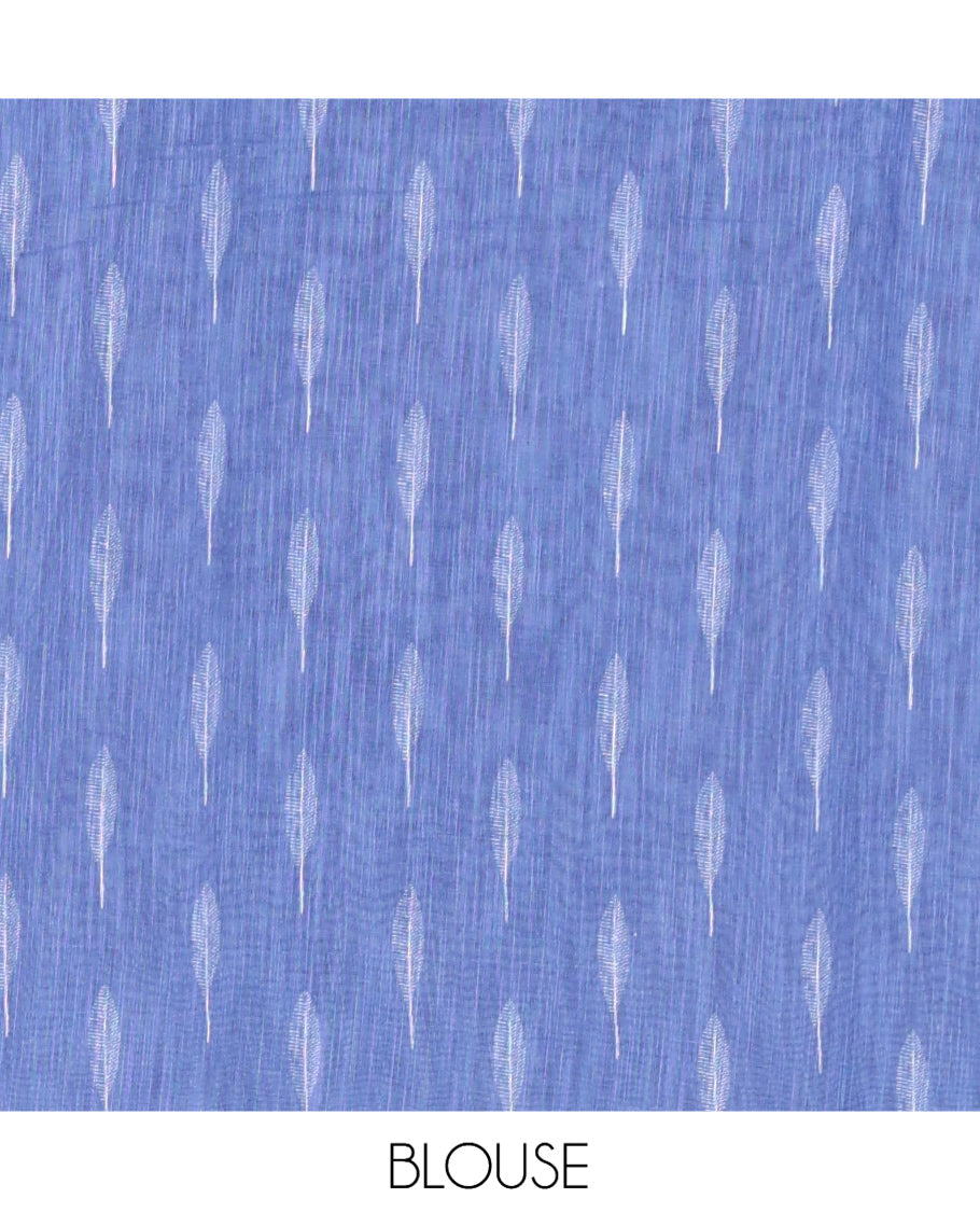 Blue Linen Cotton Saree Features Tree Print, a Zari Piping Border, and a Matching Blouse