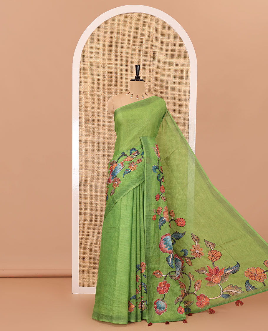 Borderless parrot green kalamkari floral vine printed with French knot and kanta embroidered kotta silk saree, printed and French knot embroidered matching blouse