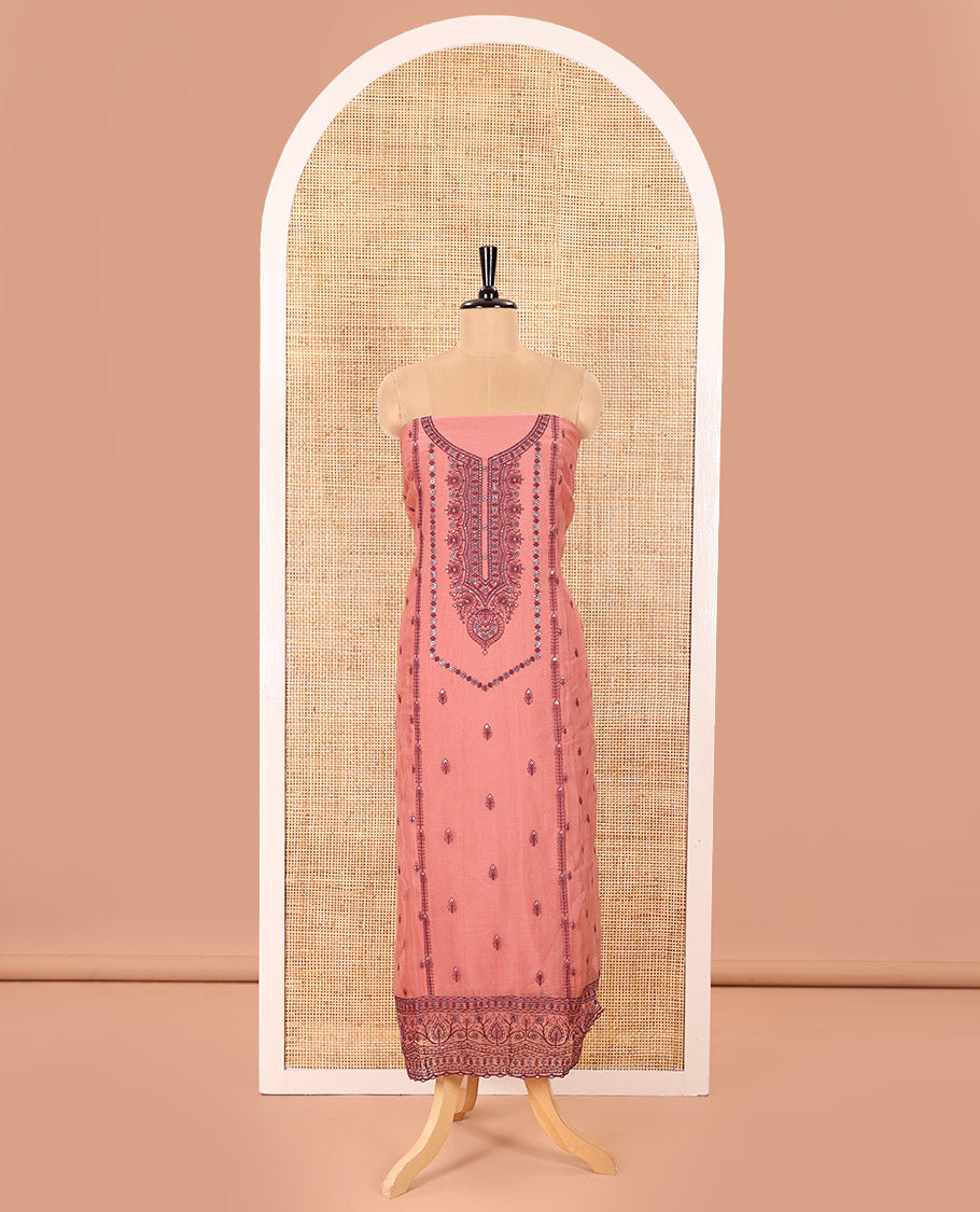 Dusky Magenta Material Chudidar Set Adorned with Embroidered Organza Chiffon Top, Subtly Made Plain Santoon Bottom, and a Organza Dupatta Featuring Floral Jaal Embroidery