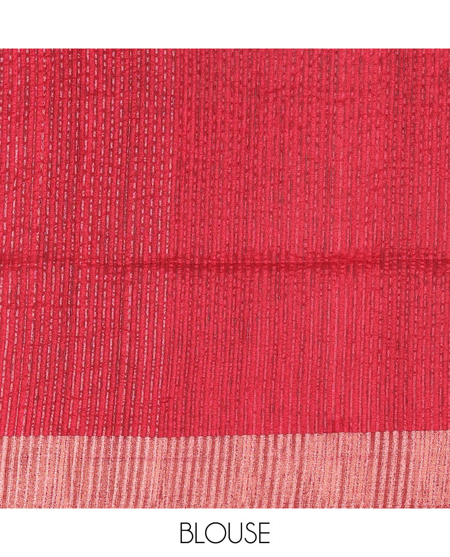 Red plain ghicha woven fancy tussar silk saree, tissue small border, striped pallu, and a matching blouse