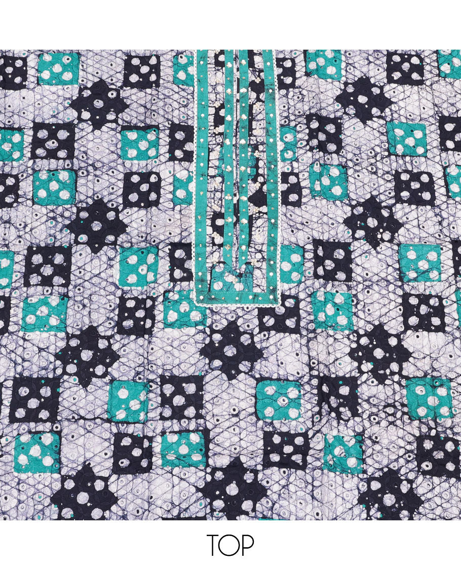 Black-Blue Cotton Material Churidar Set, Adorned with Batik-Printed Top, Contrast Batik Bottom, and a Batik-Printed Dupatta