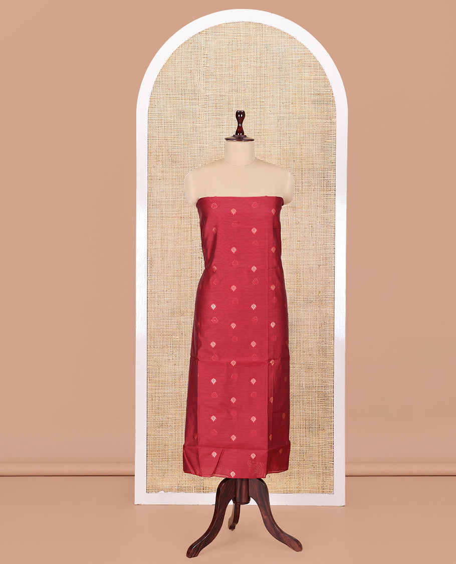 Maroon Semi-Chanderi Material Churidar Features Floral Buttas Top, a Plain Bottom, and a Contrast Dupatta