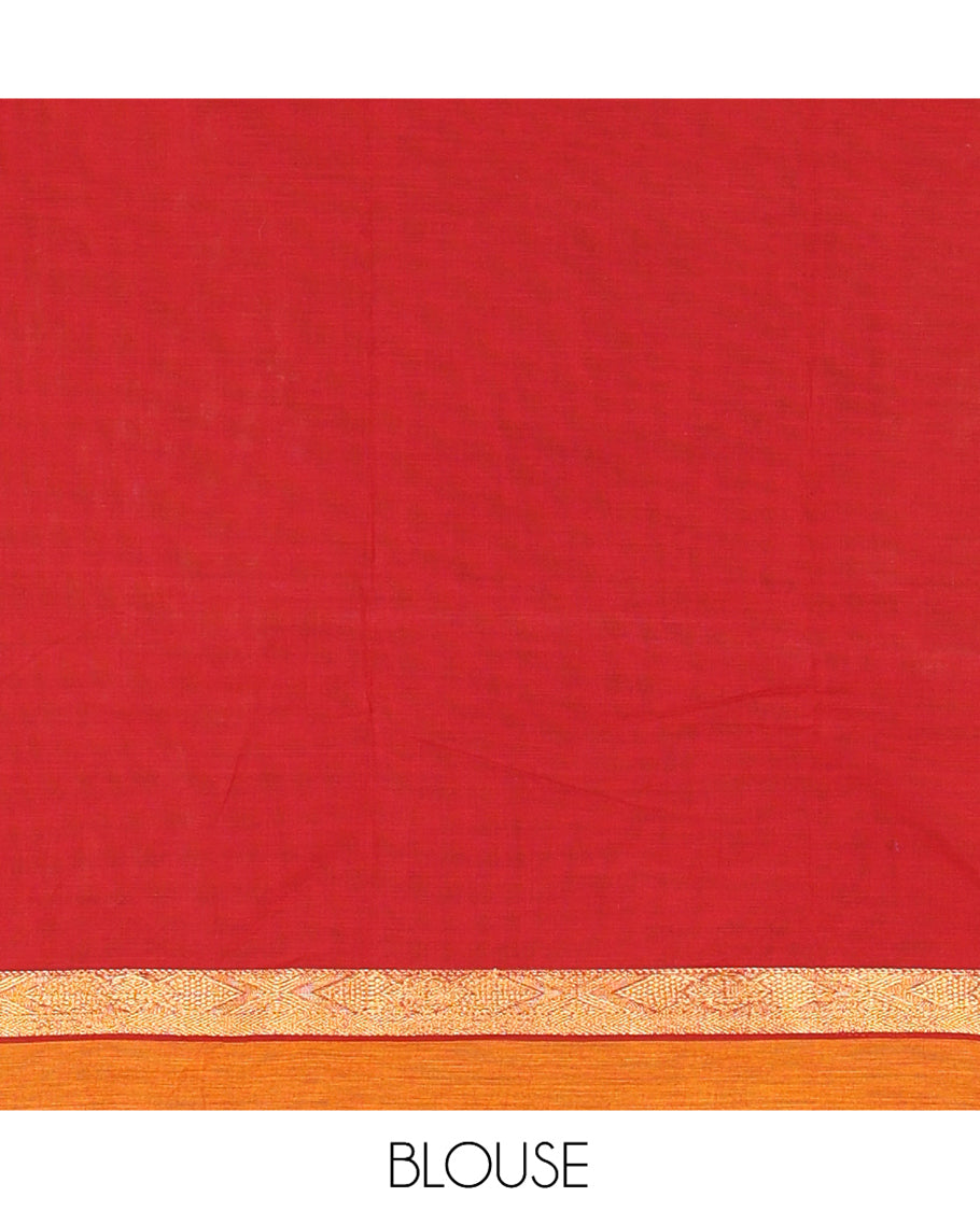 Maroon Plain Chettinad Cotton Saree with a Contrast Ganga-Jamuna Border, Striped Pallu, and a Matching Blouse