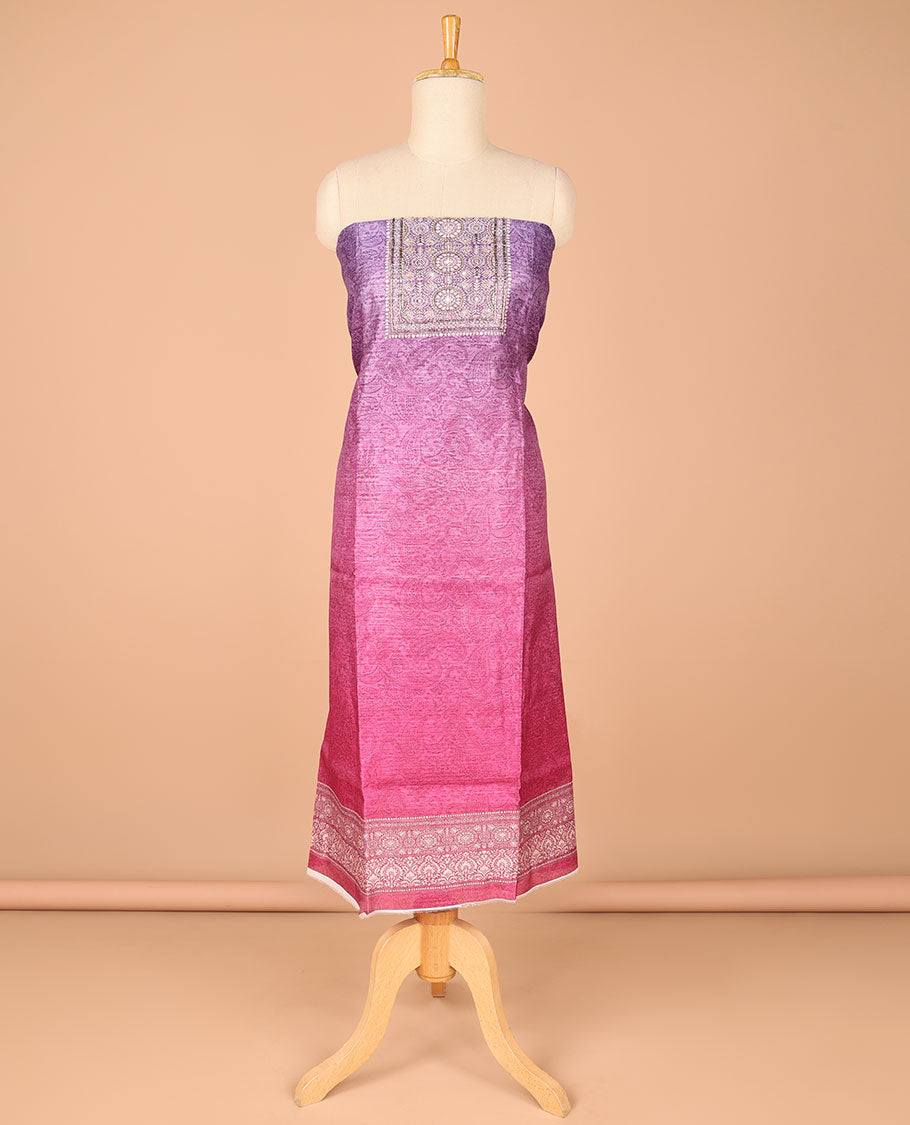 Purple with pink Chanderi double shaded carry design with daman printed neck handwork chudidhar material set with contrast santoon material pant & double shaded carry negetive printe dupatta