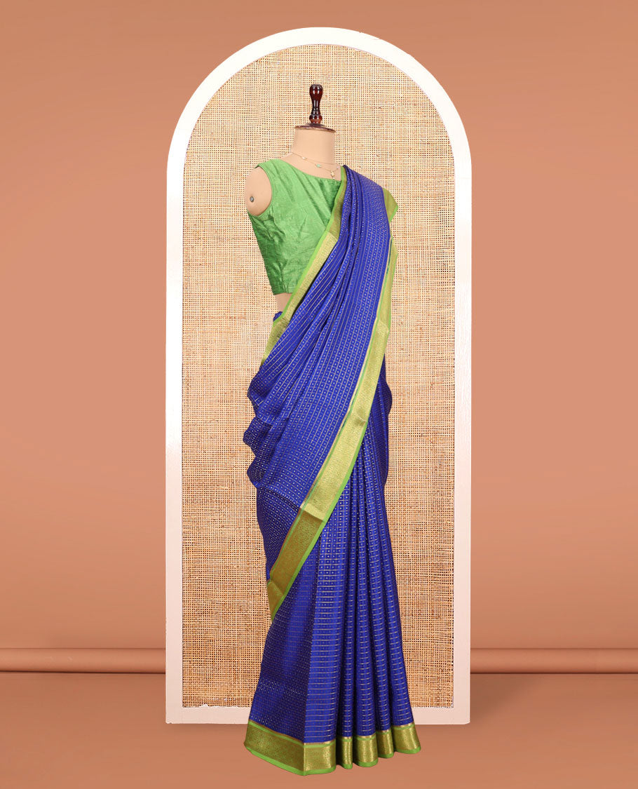 Blue Mysore Silk Saree, Elevated with Zari Butta Enclosed Checked Design on Its Body, Complemented by a Contrast Zari Border, Pallu Features Zari Designs, and Paired with a Contrast Blouse