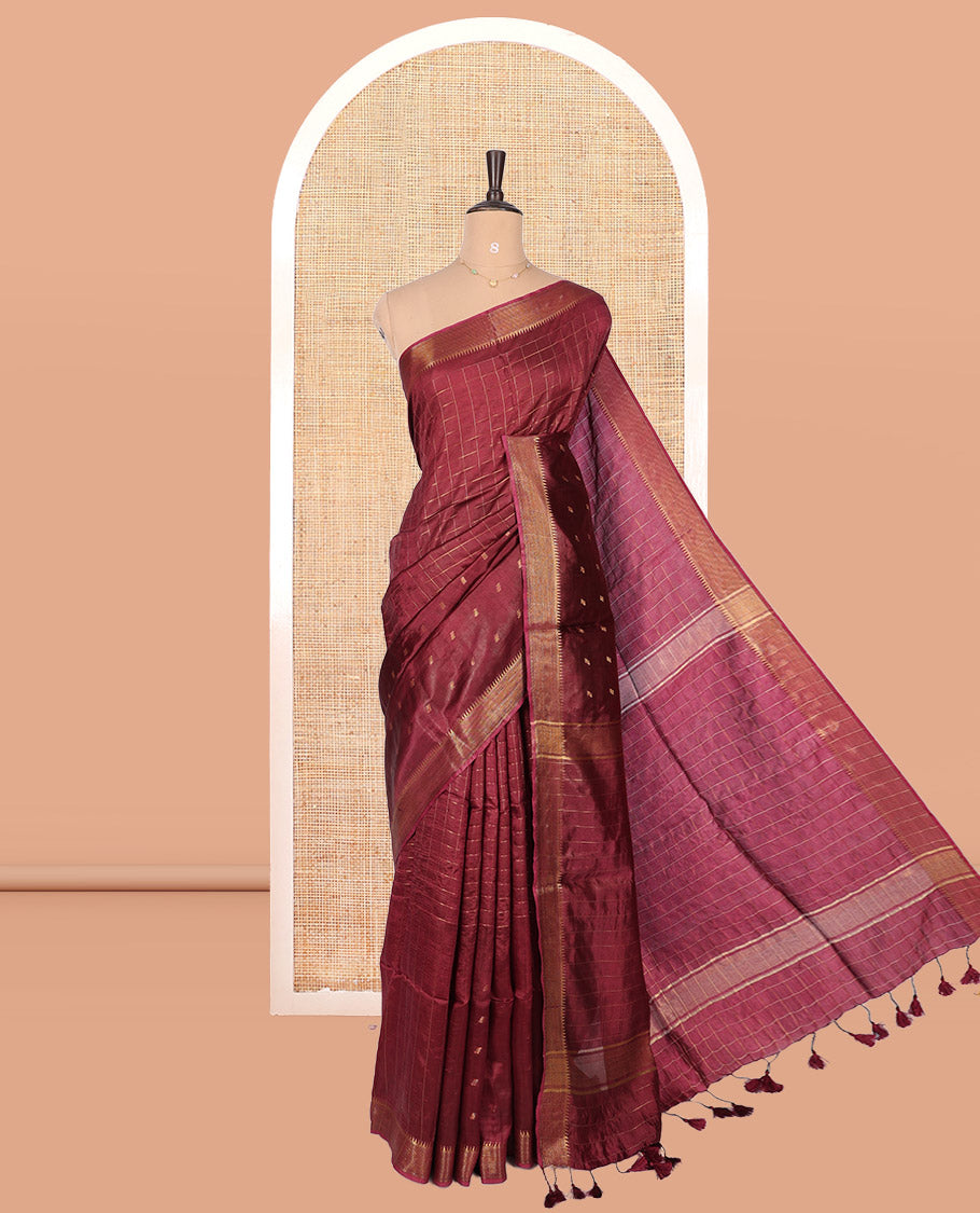 Maroon Banana Pith Saree, Gleamed Up with Checks and Buttas, a Zari Temple Border, Striped Pallu, and Matching Blouse